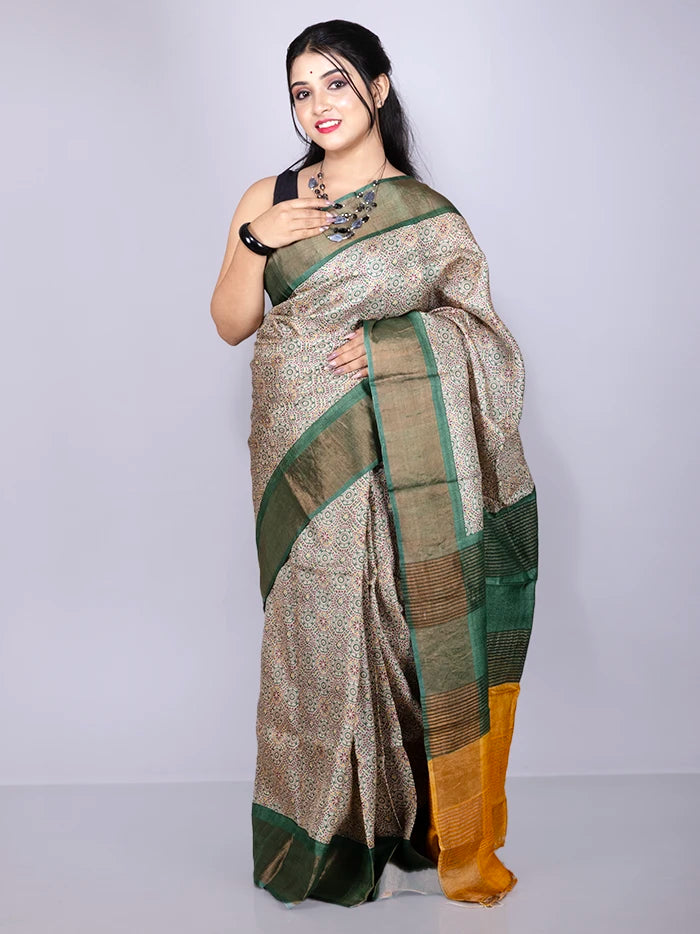 Elegant Allover Block Printed Tussar Silk Saree