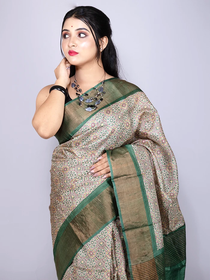 Elegant Allover Block Printed Tussar Silk Saree
