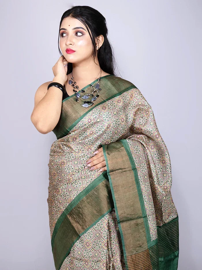 Elegant Allover Block Printed Tussar Silk Saree - WeaversIndia