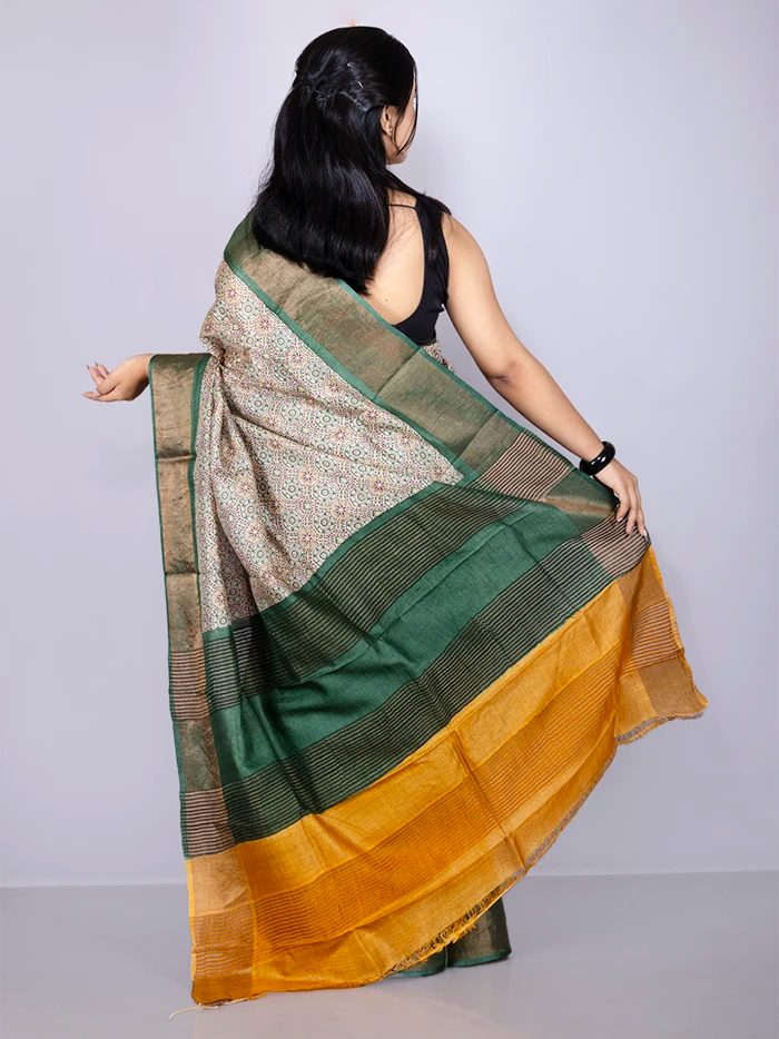 Elegant Allover Block Printed Tussar Silk Saree