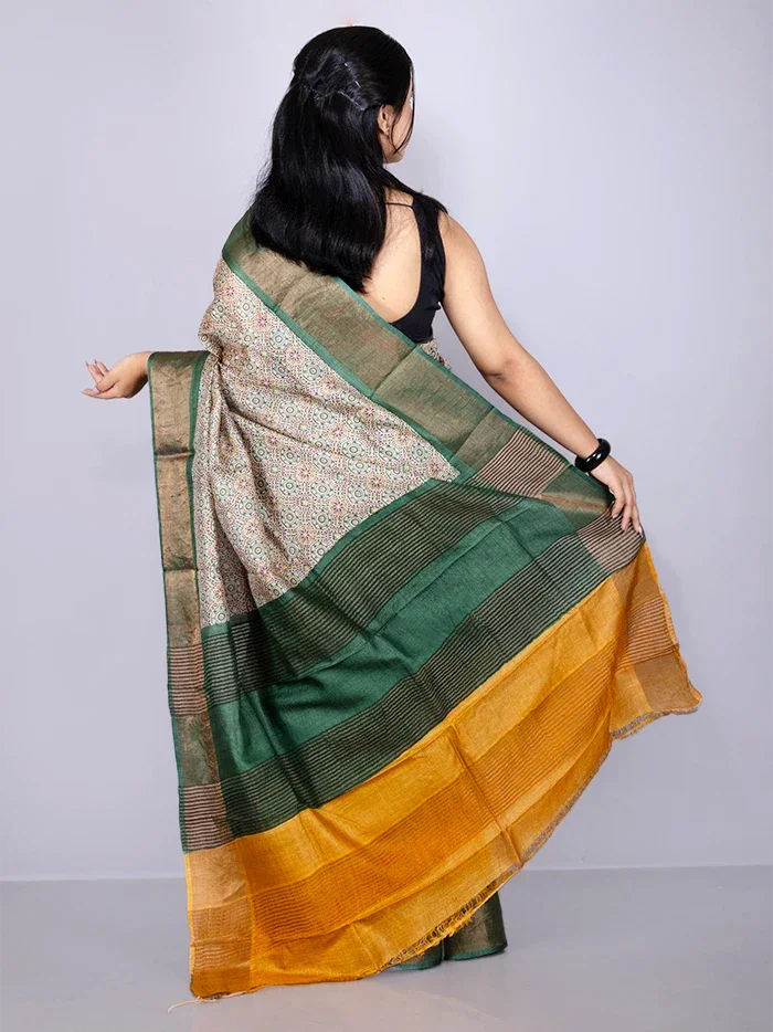 Elegant Allover Block Printed Tussar Silk Saree - WeaversIndia
