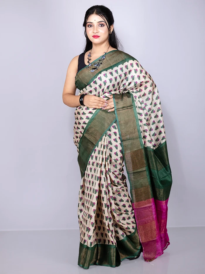 Elegant Allover Block Printed Tussar Silk Saree