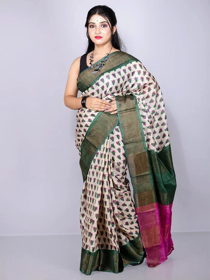 Elegant Allover Block Printed Tussar Silk Saree - WeaversIndia