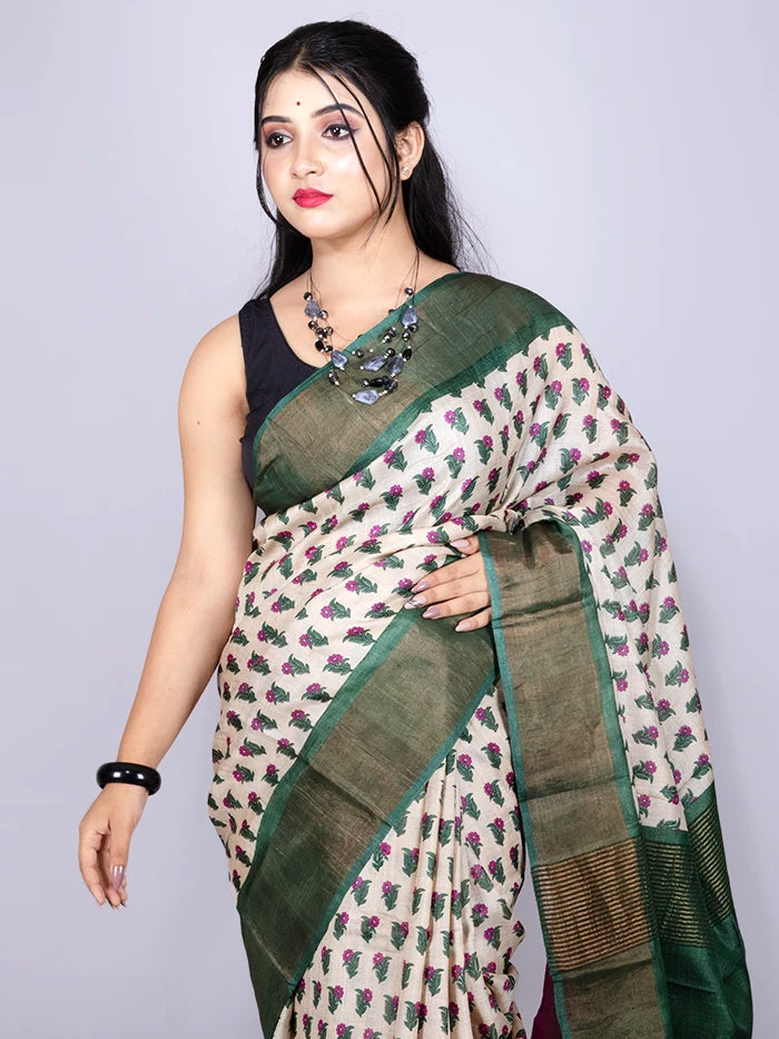 Elegant Allover Block Printed Tussar Silk Saree