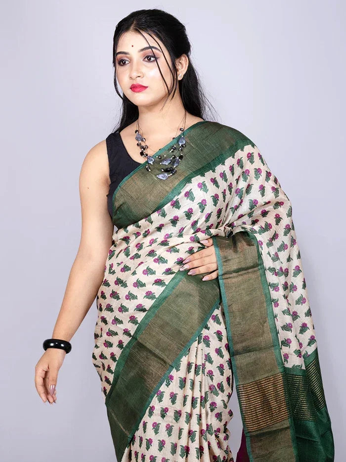Elegant Allover Block Printed Tussar Silk Saree - WeaversIndia