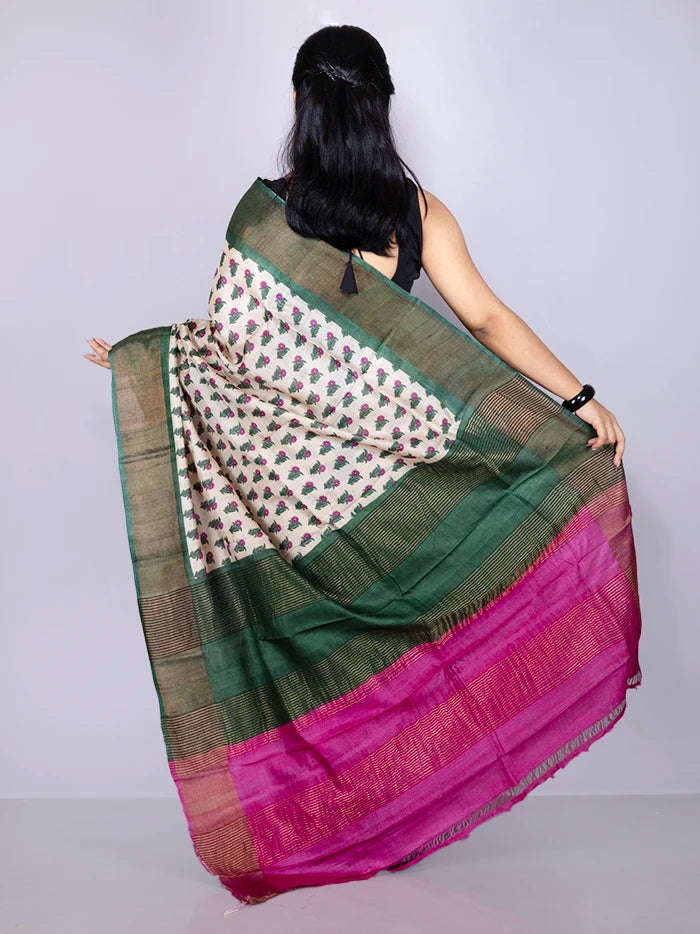 Elegant Allover Block Printed Tussar Silk Saree