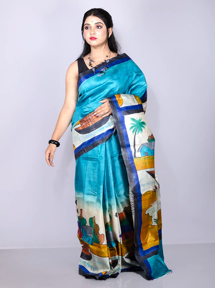 Elegant Sky Blue Par Anchal Hand Painted Tussar Silk Saree