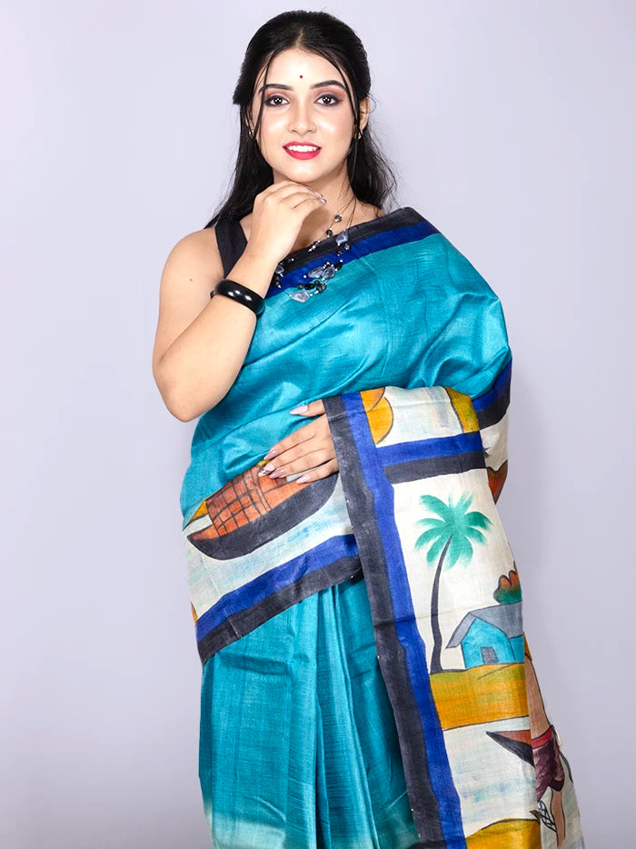 Elegant Sky Blue Par Anchal Hand Painted Tussar Silk Saree