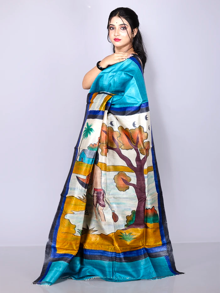 Elegant Sky Blue Par Anchal Hand Painted Tussar Silk Saree