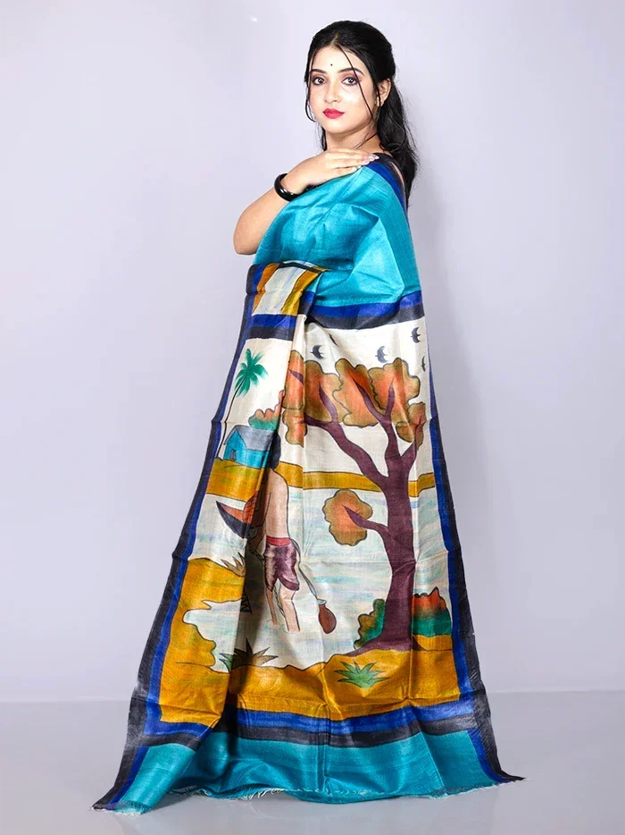 Elegant Sky Blue Par Anchal Hand Painted Tussar Silk Saree