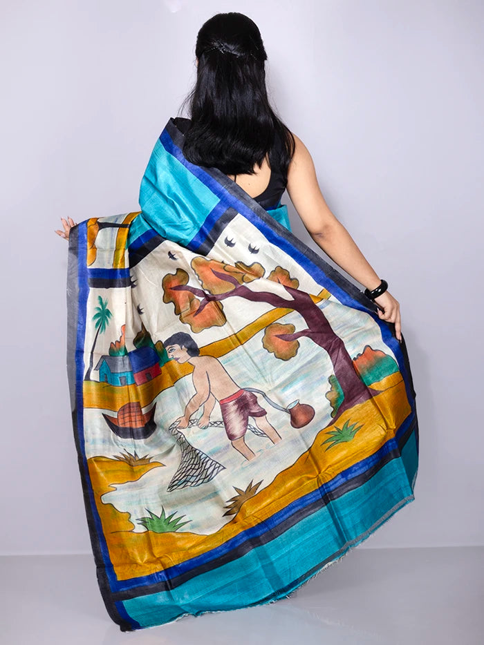 Elegant Sky Blue Par Anchal Hand Painted Tussar Silk Saree