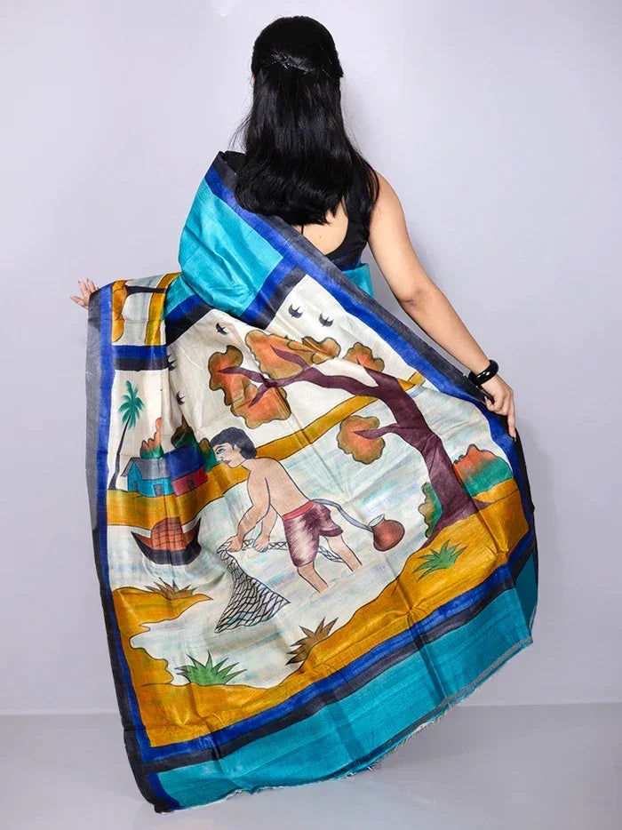Elegant Sky Blue Par Anchal Hand Painted Tussar Silk Saree