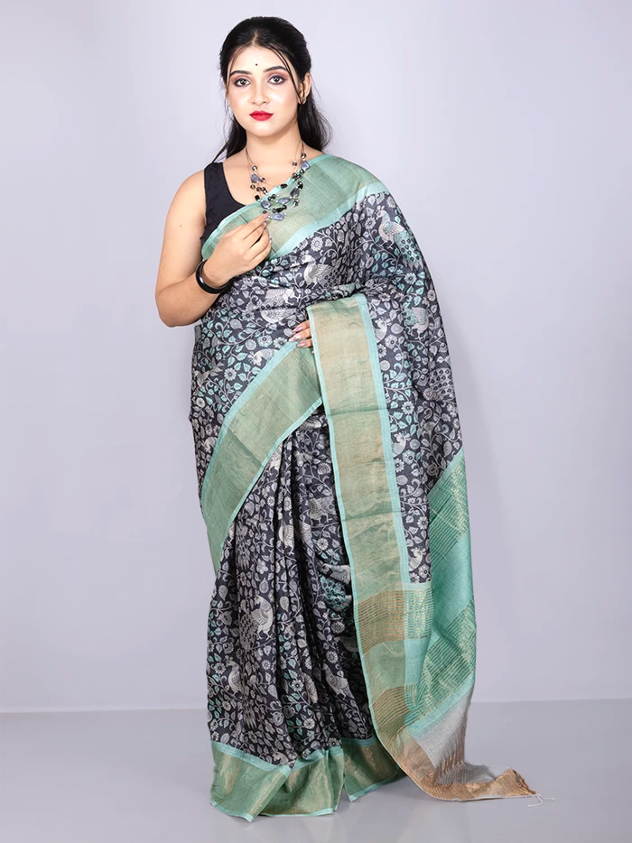 Elegant Allover Block Printed Tussar Silk Saree