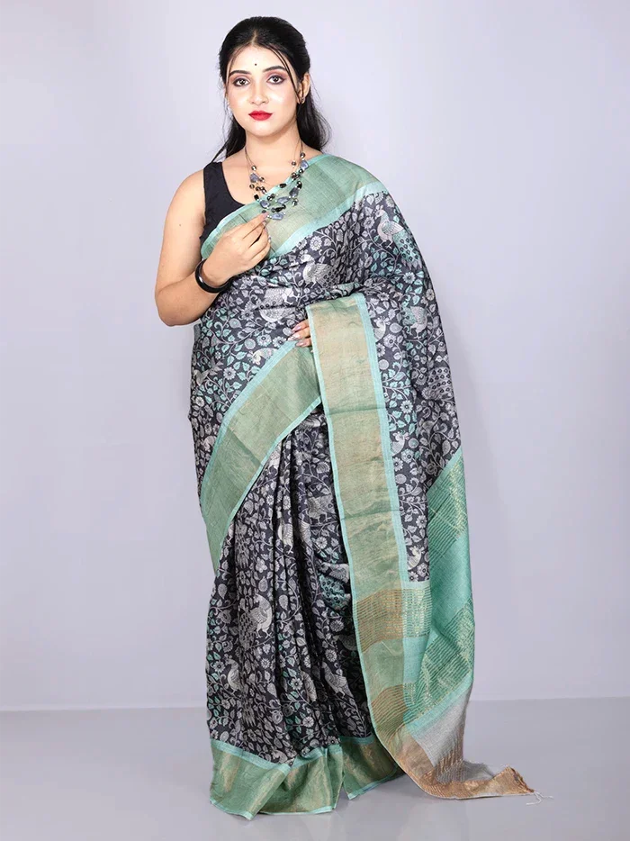 Elegant Allover Block Printed Tussar Silk Saree - WeaversIndia