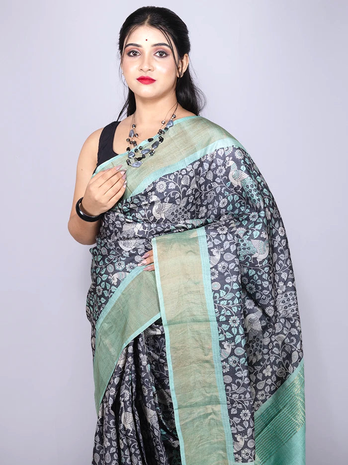 Elegant Allover Block Printed Tussar Silk Saree
