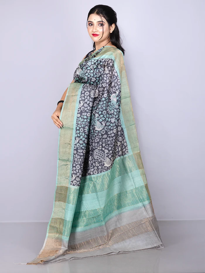 Elegant Allover Block Printed Tussar Silk Saree