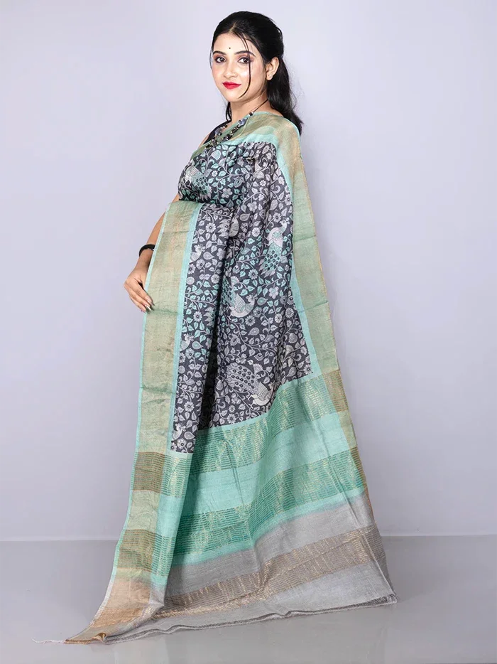 Elegant Allover Block Printed Tussar Silk Saree - WeaversIndia