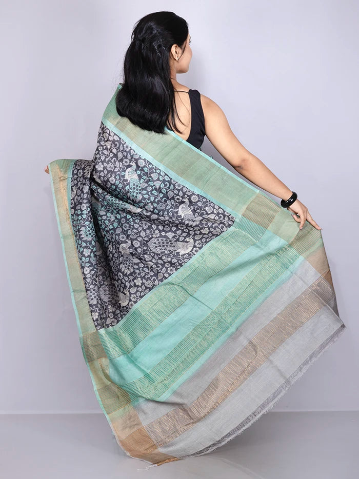 Elegant Allover Block Printed Tussar Silk Saree