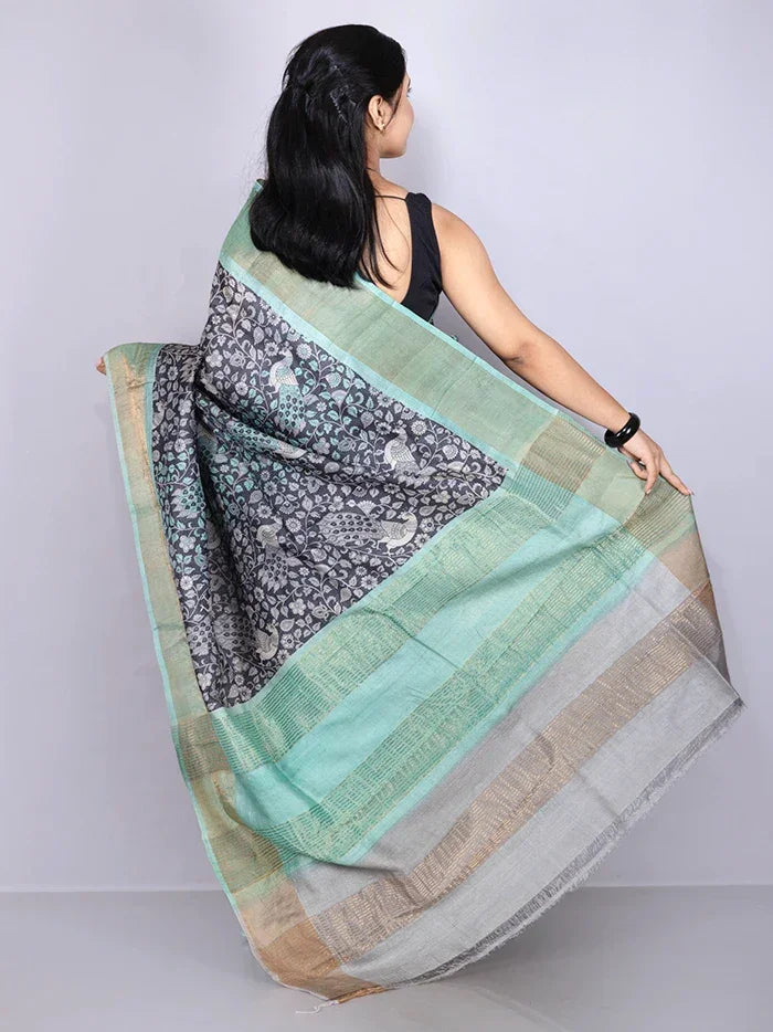 Elegant Allover Block Printed Tussar Silk Saree - WeaversIndia