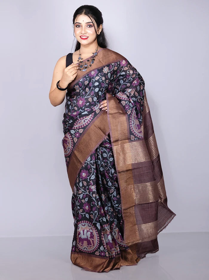 Elegant Black Allover Block Printed Tussar Silk Saree