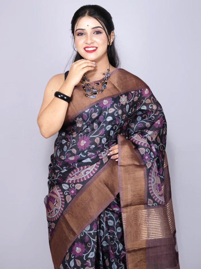 Elegant Black Allover Block Printed Tussar Silk Saree
