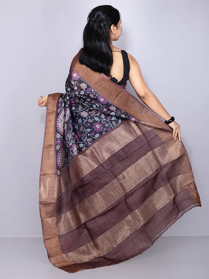 Elegant Black Allover Block Printed Tussar Silk Saree
