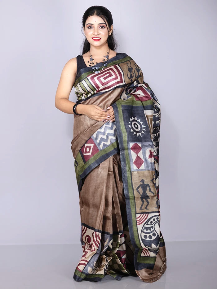 Elegant Brown Par Anchal Hand Painted Tussar Silk Saree