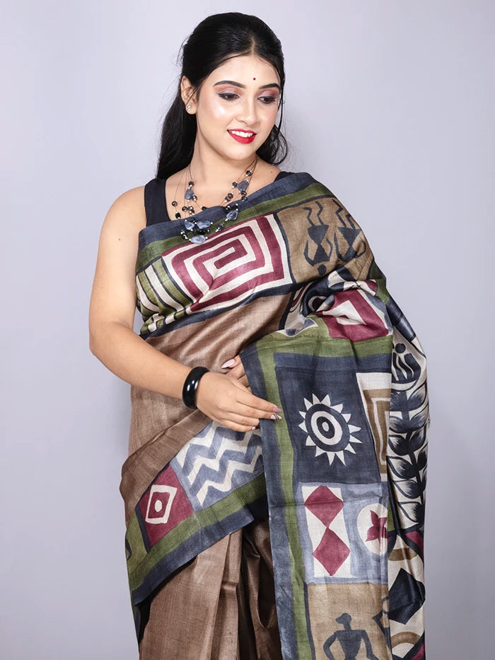 Elegant Brown Par Anchal Hand Painted Tussar Silk Saree