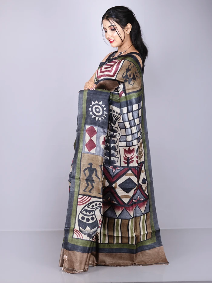 Elegant Brown Par Anchal Hand Painted Tussar Silk Saree