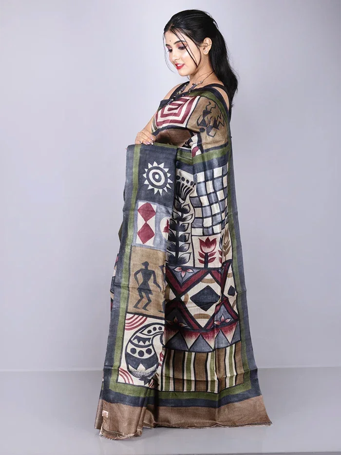 Elegant Brown Par Anchal Hand Painted Tussar Silk Saree