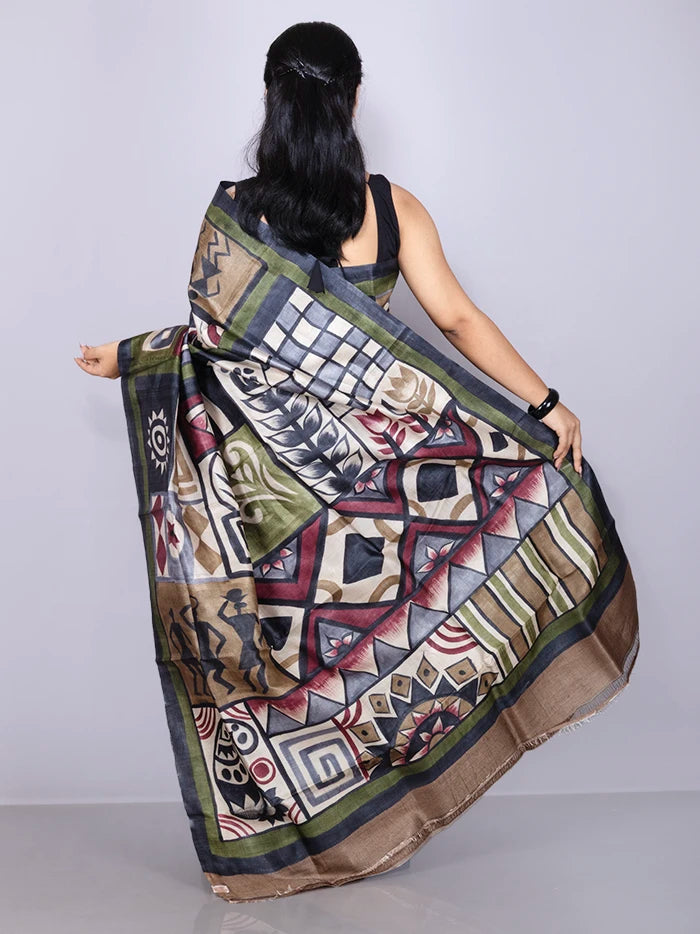 Elegant Brown Par Anchal Hand Painted Tussar Silk Saree