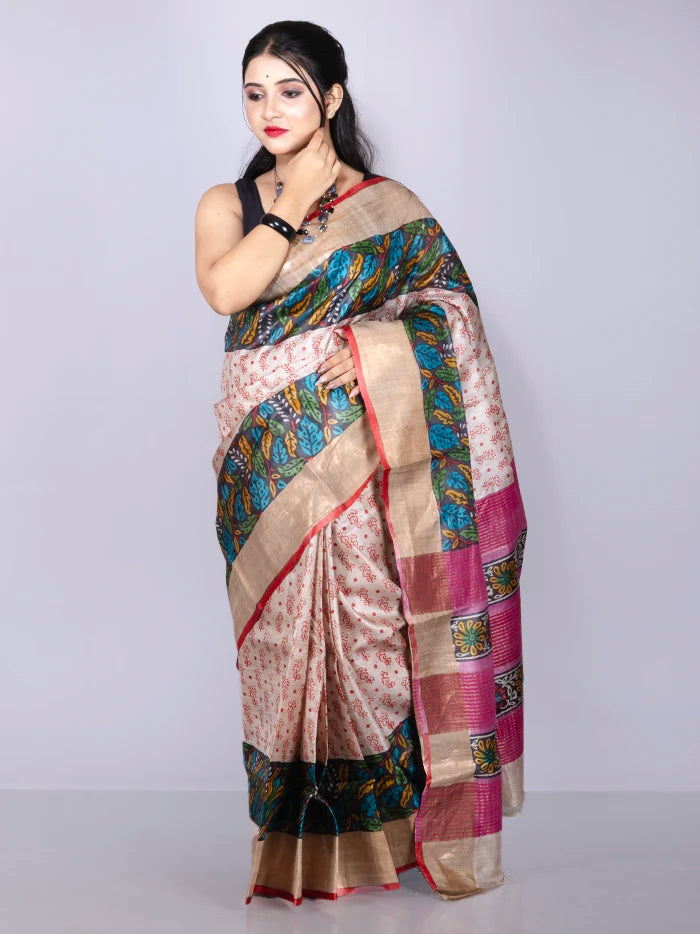 Elegant Allover Block Printed Tussar Silk Saree