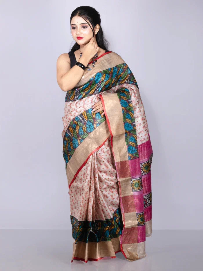 Elegant Allover Block Printed Tussar Silk Saree - WeaversIndia