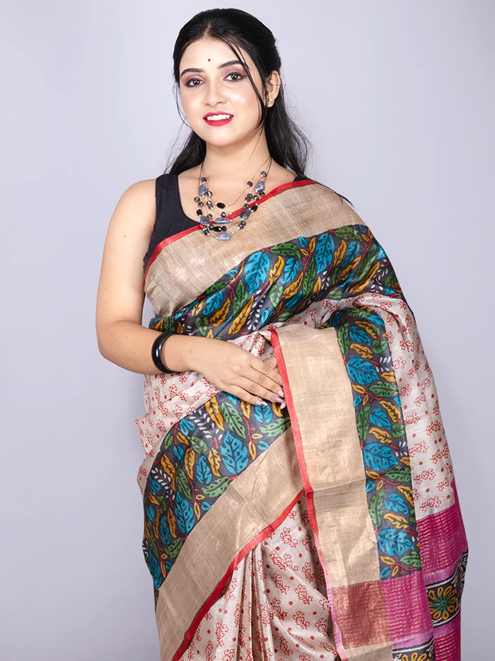 Elegant Allover Block Printed Tussar Silk Saree