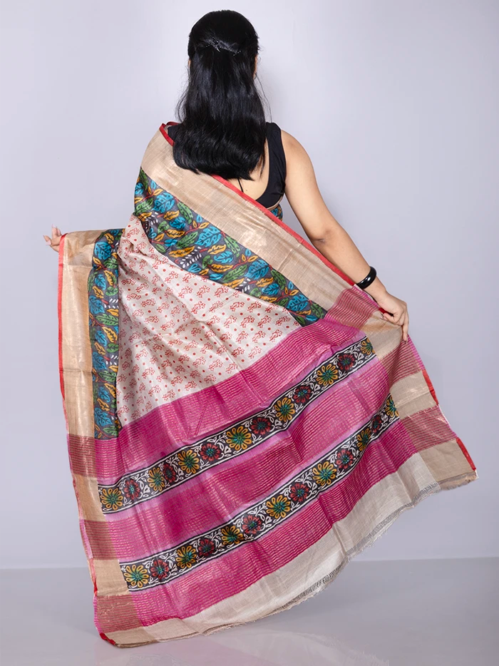 Elegant Allover Block Printed Tussar Silk Saree