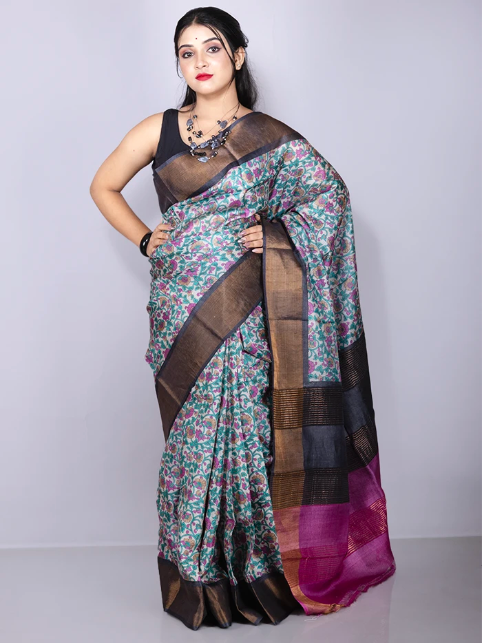 Elegant Allover Block Printed Tussar Silk Saree