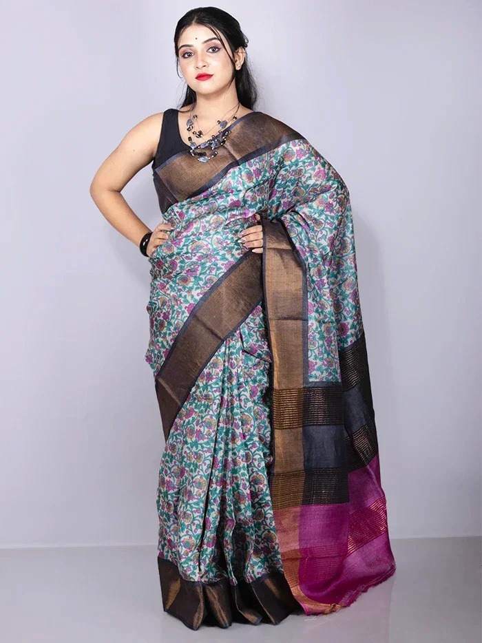 Elegant Allover Block Printed Tussar Silk Saree - WeaversIndia