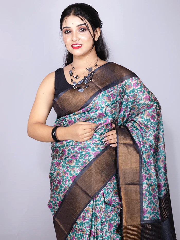 Elegant Allover Block Printed Tussar Silk Saree