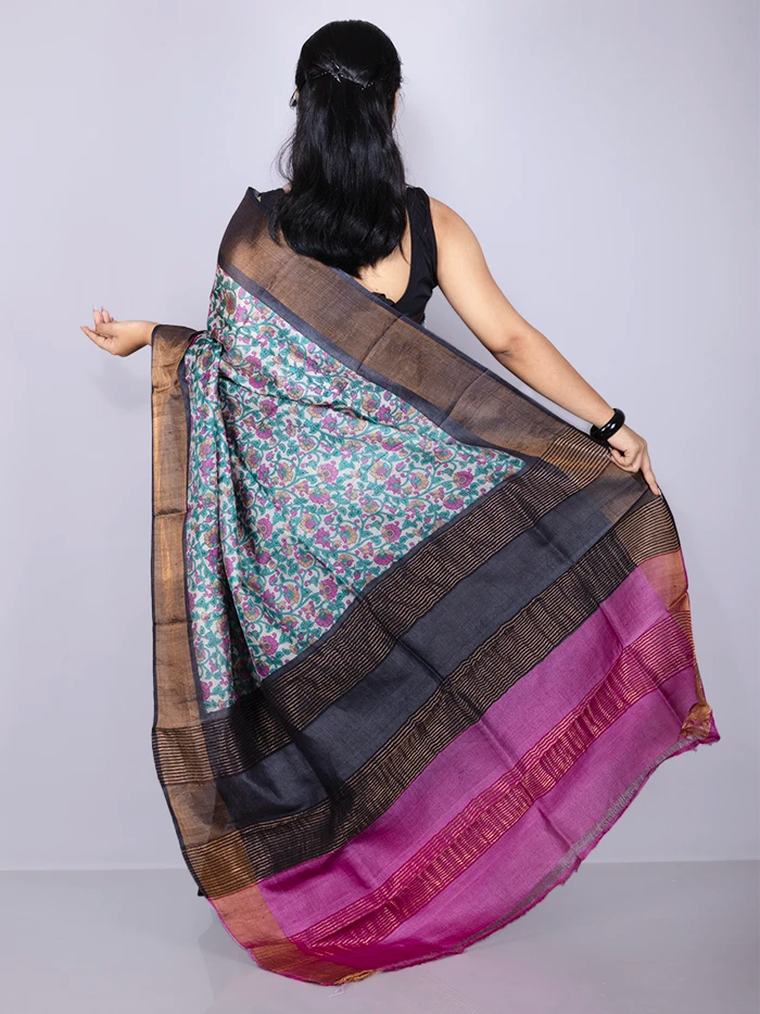 Elegant Allover Block Printed Tussar Silk Saree