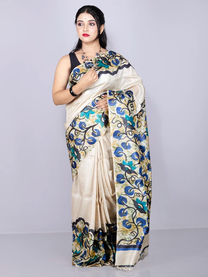 Elegant Par Anchal Hand Painted Tussar Silk Saree
