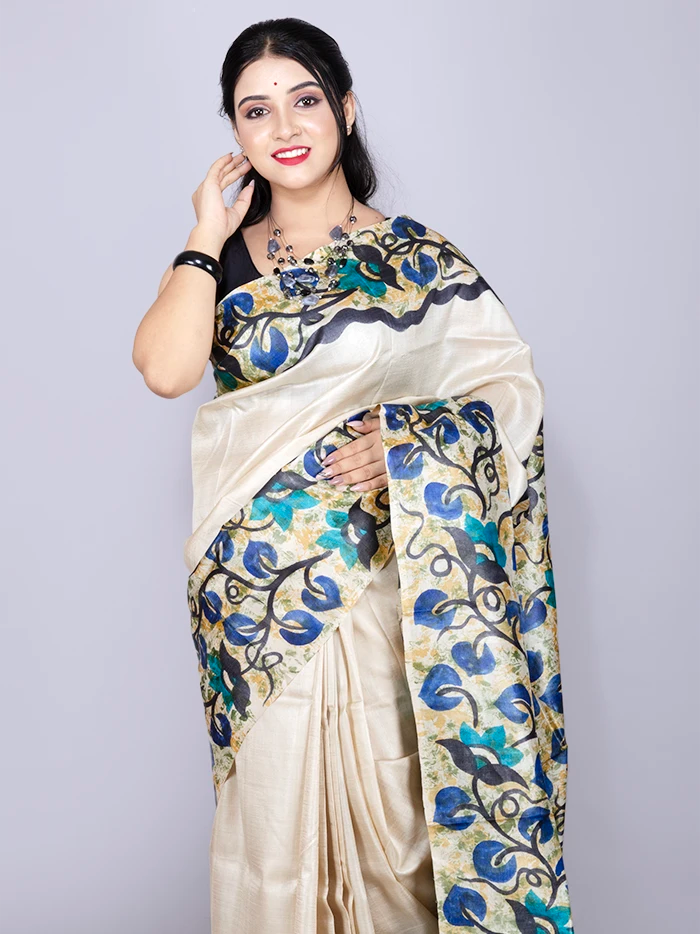 Elegant Par Anchal Hand Painted Tussar Silk Saree