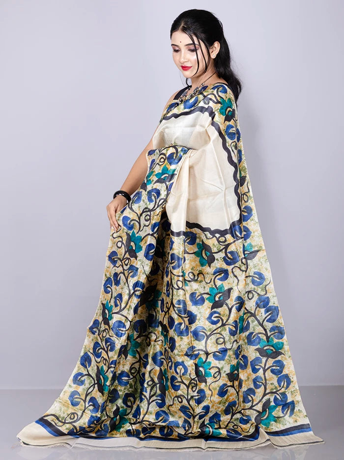 Elegant Par Anchal Hand Painted Tussar Silk Saree