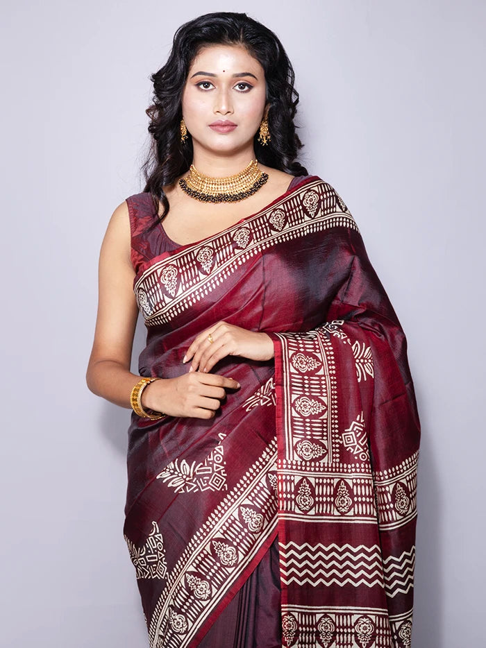 Maroon Par Anchal Printed Bishnupuri Katan Silk Saree