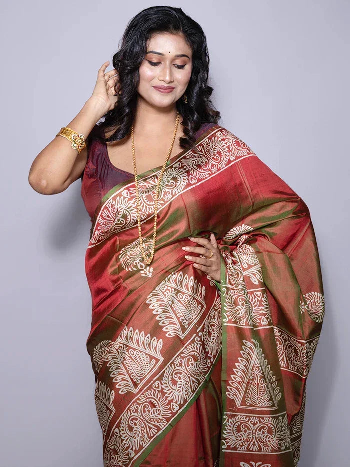 Par Anchal Printed Bishnupuri Katan Silk Saree - WeaversIndia