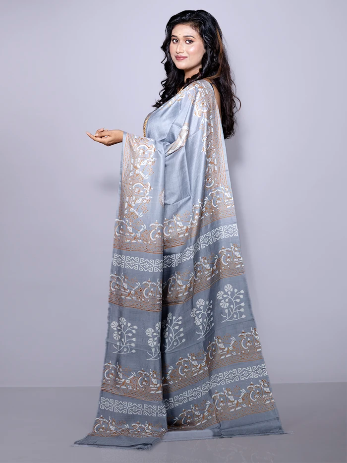Par Anchal Buti Printed Bishnupuri Katan Silk Saree