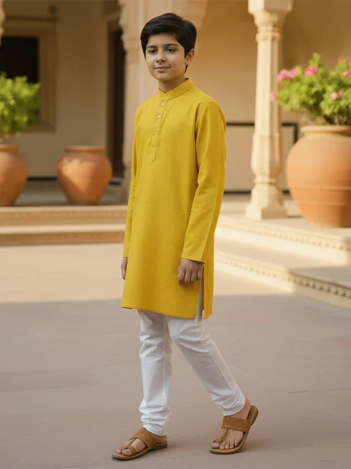 Mustard Yellow Organic Cotton Boys Kurta - WeaversIndia