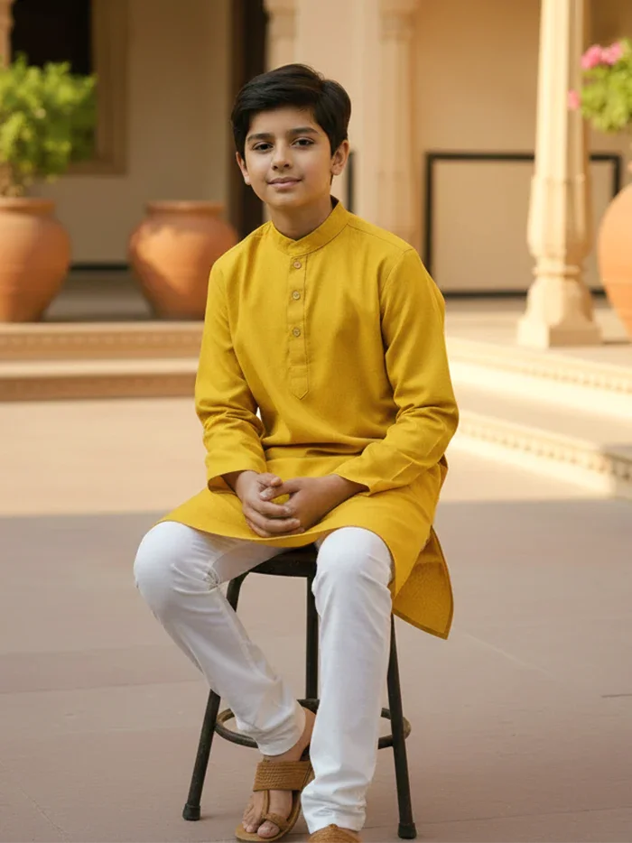 Mustard Yellow Organic Cotton Boys Kurta - WeaversIndia