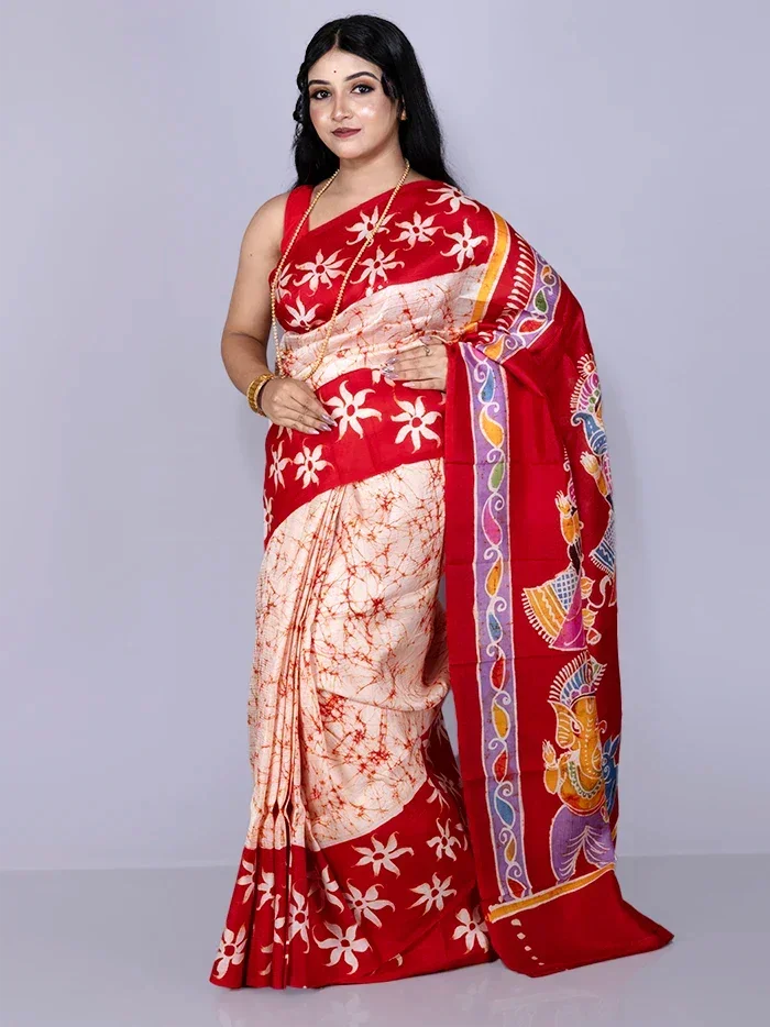 Par Anchal Hand Batik Printed Murshidabad Silk Saree