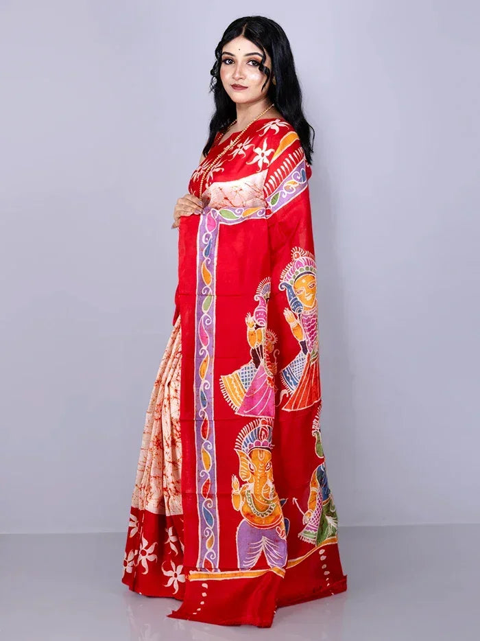 Par Anchal Hand Batik Printed Murshidabad Silk Saree