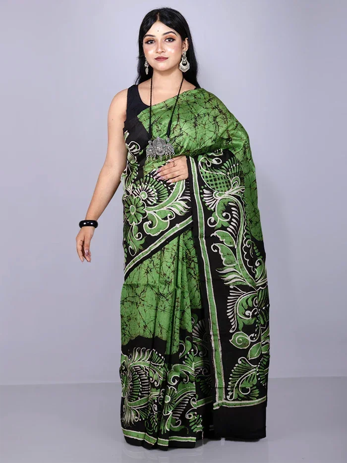 Par Anchal Hand Batik Printed Murshidabad Silk Saree - WeaversIndia